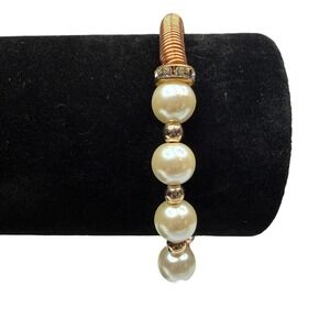 Fashion Pearl & Rose Gold Tone Bracelet with Rhinestone Accents